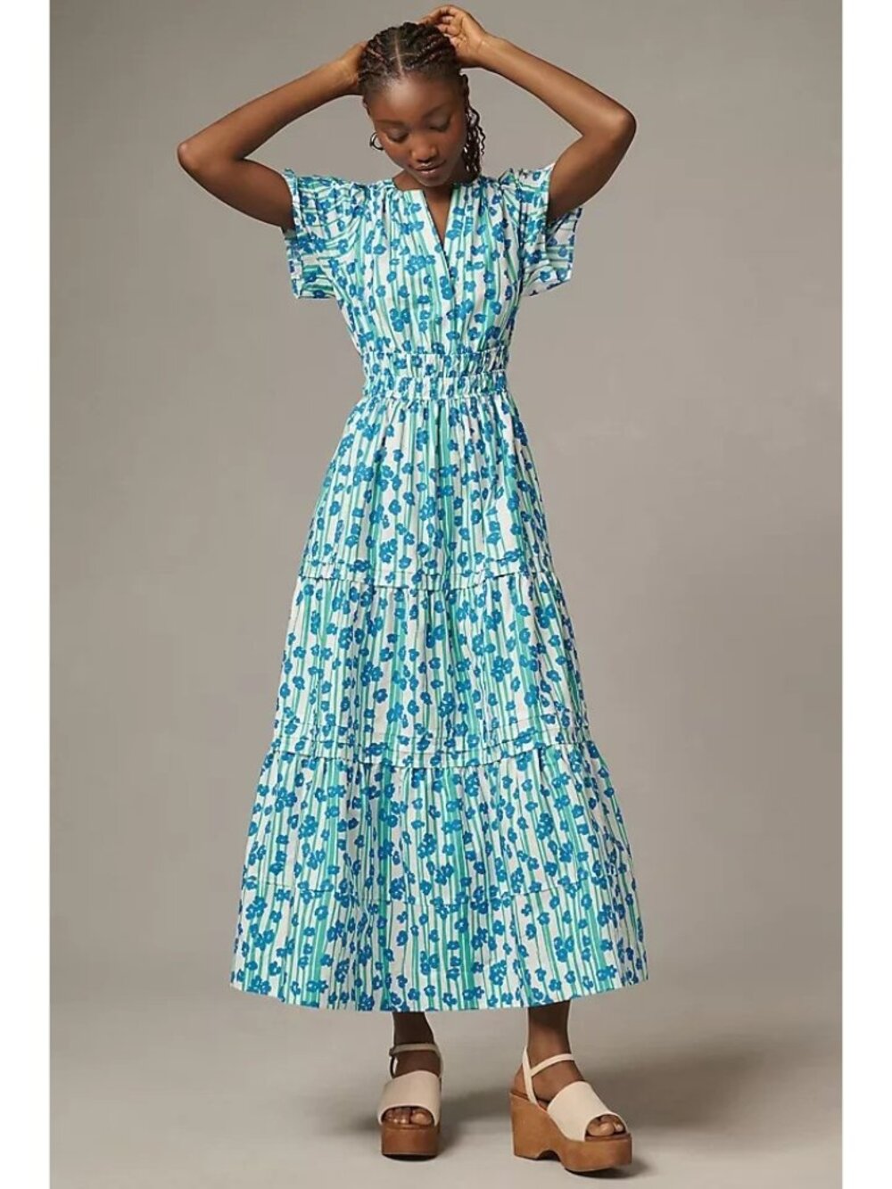 NWT Anthropologie Somerset Maxi in Blue Green Stripe Floral Cotton Tier Dress M